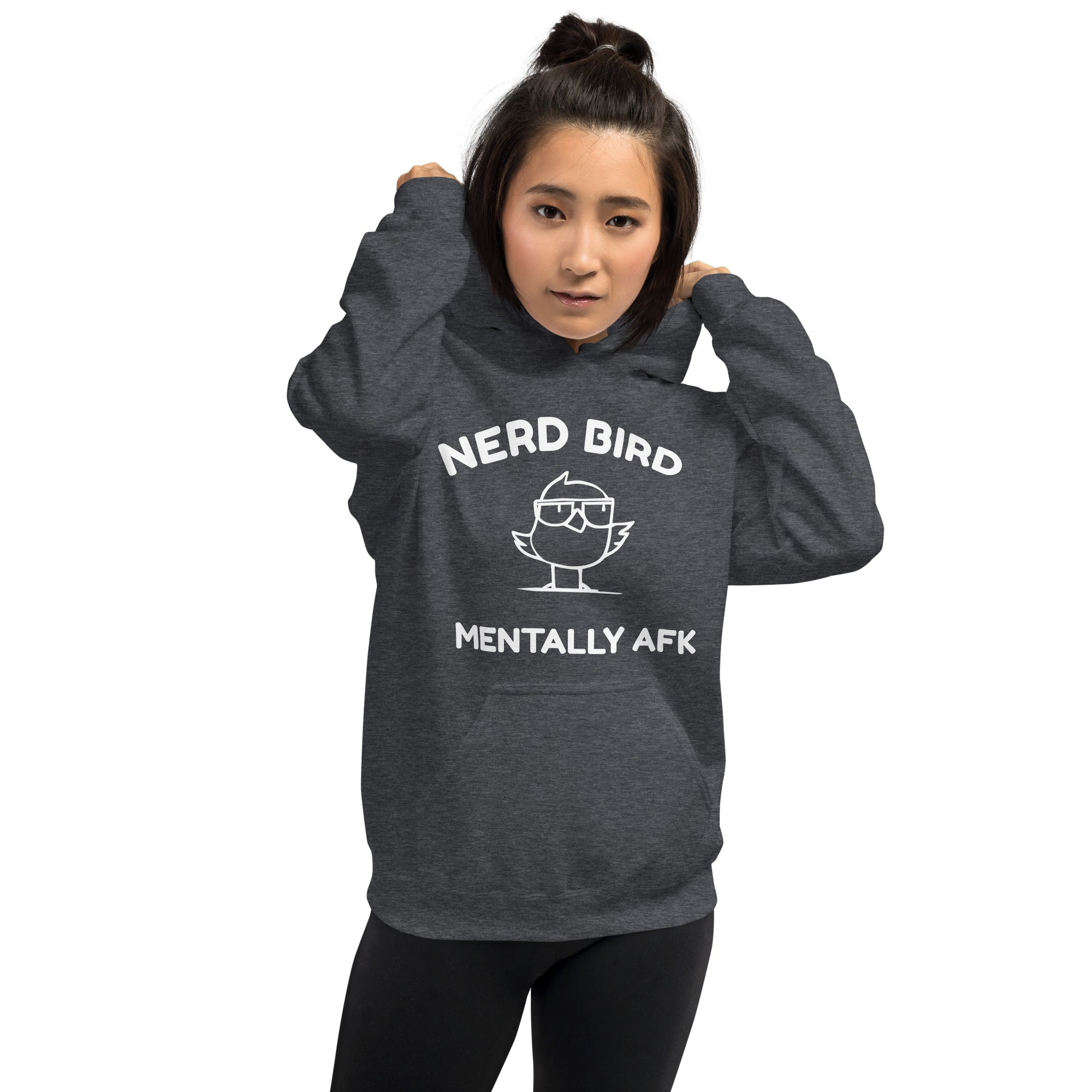 Nerd Bird Hoodie with grumpy cartoon bird and “Mentally AFK” slogan – funny introvert hoodie