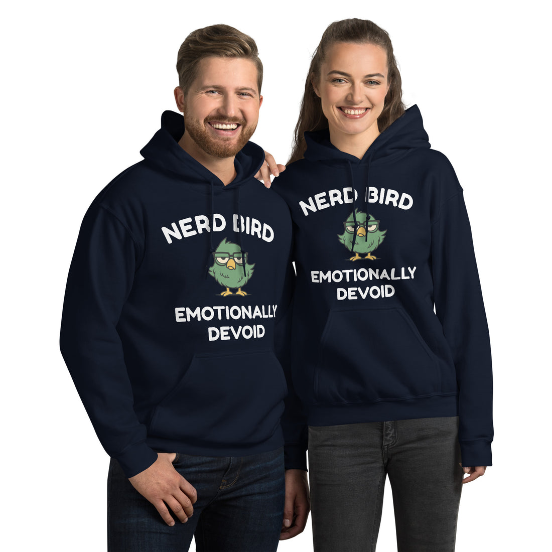 Nerd Bird hoodie featuring cartoon bird and “Emotionally Devoid” slogan – unisex hoodie for introverts